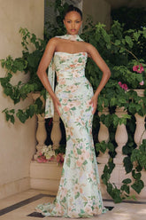 BRIANNA GOWN STRAPLESS SAGE FLORAL CHIFFON GOWN WITH SCARF