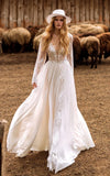 A Line Boho Lace Wedding Dress with Sleeves Plunging Neckline Sweep Train