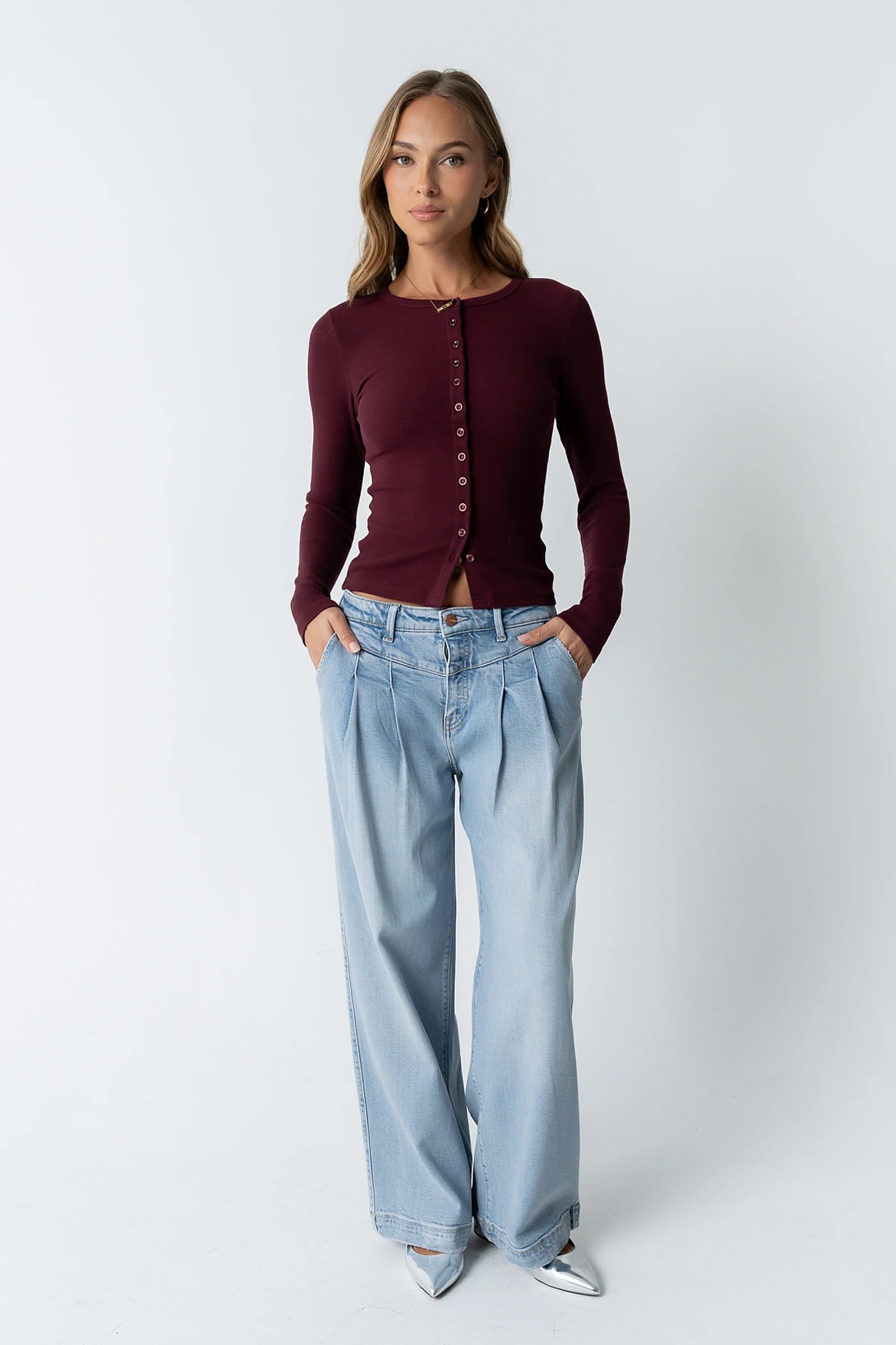 Mia Button Up Top in Burgundy