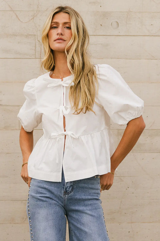 Natalia Peplum Tie Blouse in White FINAL SALE