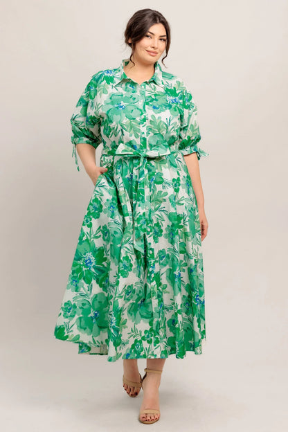 SIMPLY IN BLOOM GREEN FLORAL MIDI SHIRT DRESS