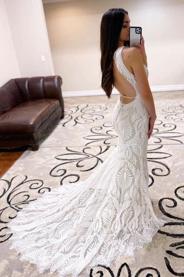Mermaid Lace Wedding Dress open Back Bridal Dress With Court Train