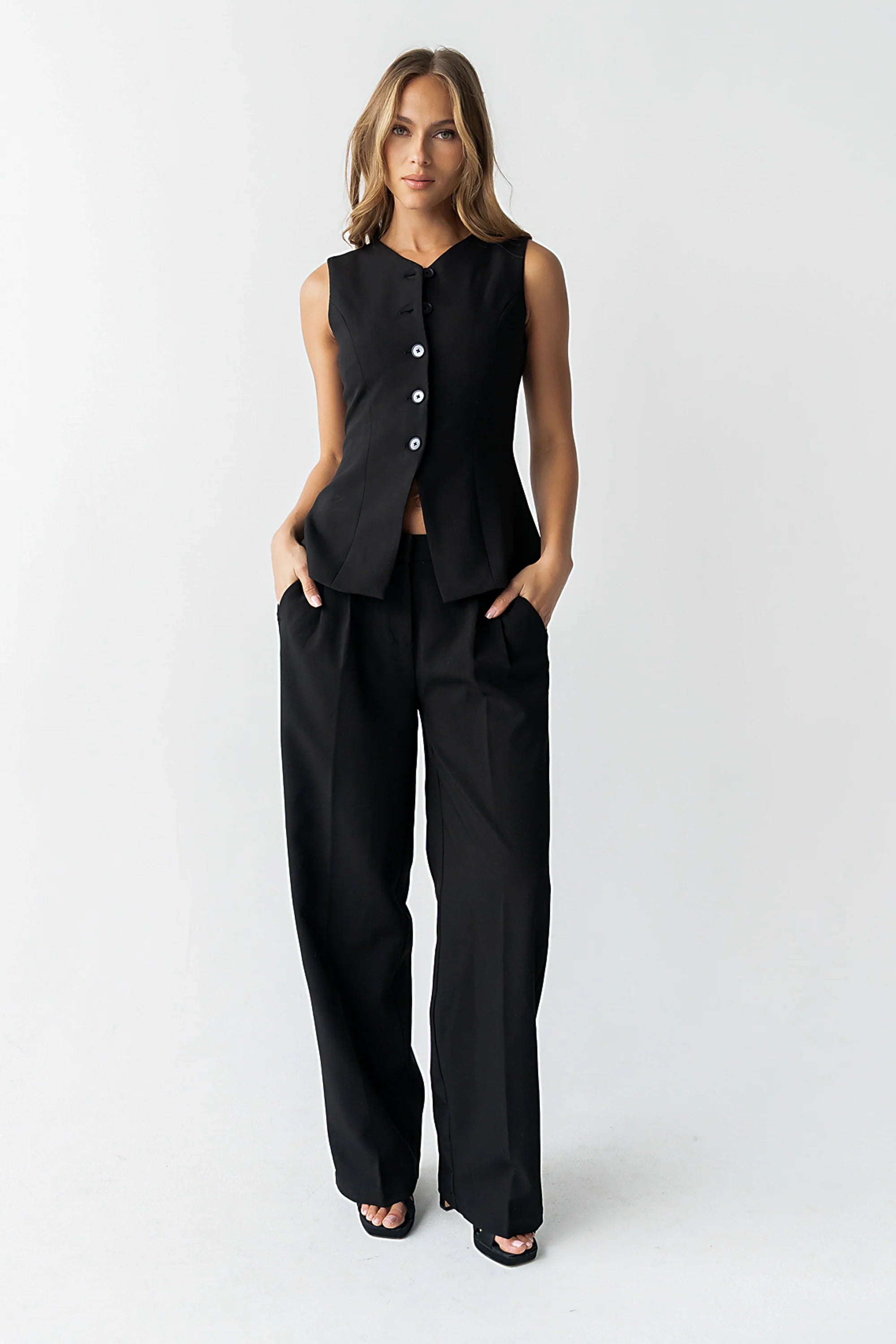 Carrie Button Up Vest in Black