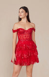 BRENNA MINI DRESS RED OFF SHOULDER TIERED SHORT DRESS