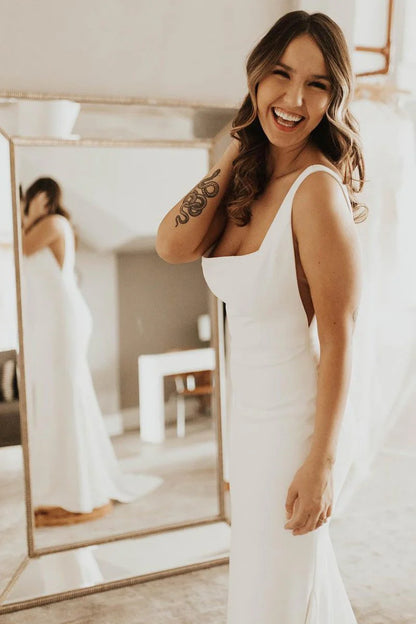 Long Square Neck Mermaid White Wedding Dress