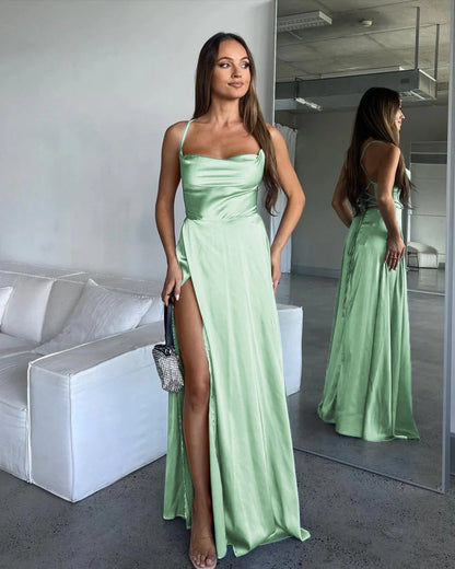 A Line Cowl Neck Blue Silk Satin Bridesmaid Dresses with Slit