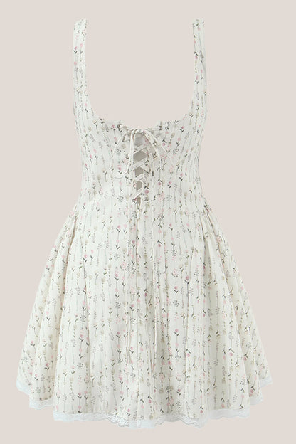 White Vintage Rose Printed Lace Cotton Mini Dress