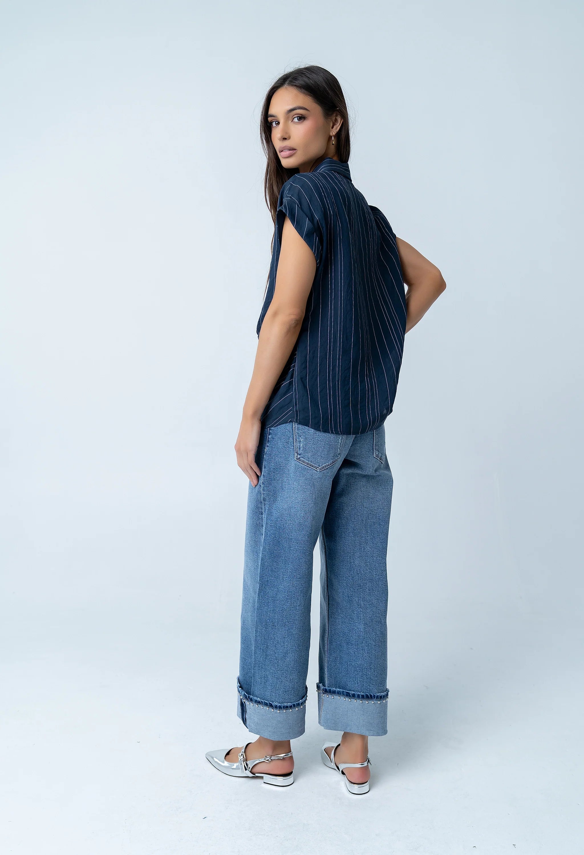 Darian Striped Button Up in Navy