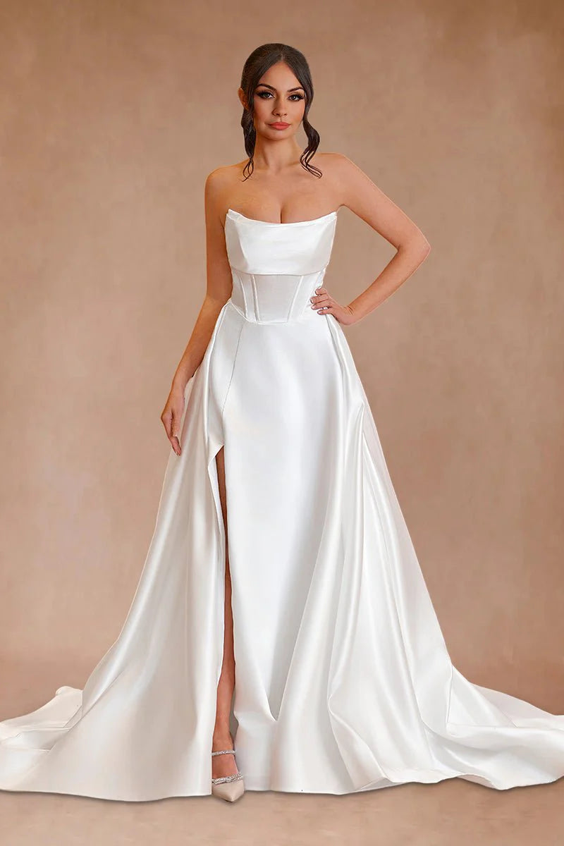 White Strapless Satin A Line Wedding Dresses