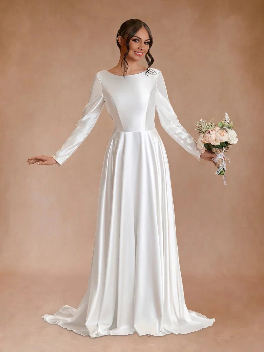 Vintage Satin A Line Bateau Neckline Long Sleeves Bridal Gown Wedding Dresses