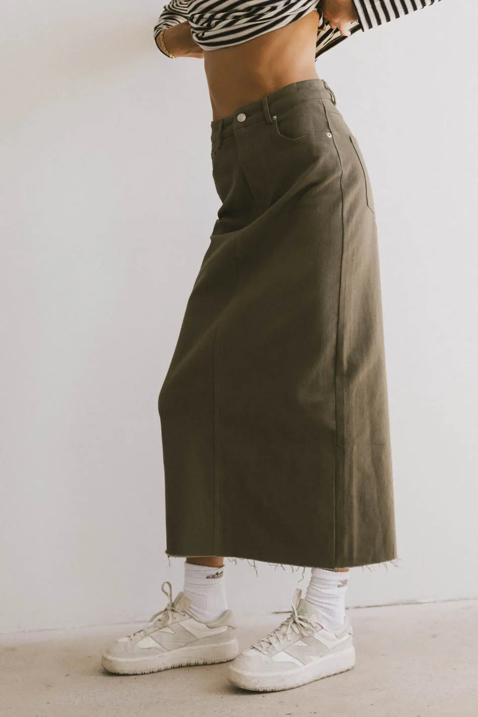 Rylie Denim Maxi Skirt in Olive FINAL SALE