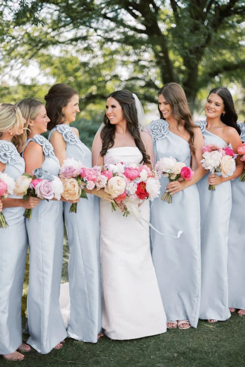 Pink One Shoulder Sheath Flower Sleeveless Satin Long Bridesmaid Dress