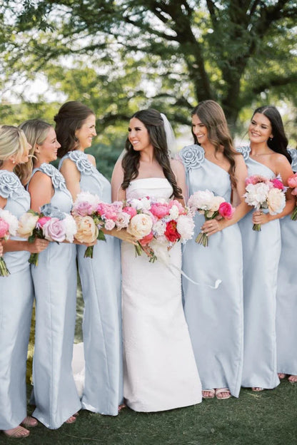 Pink One Shoulder Sheath Flower Sleeveless Satin Long Bridesmaid Dress