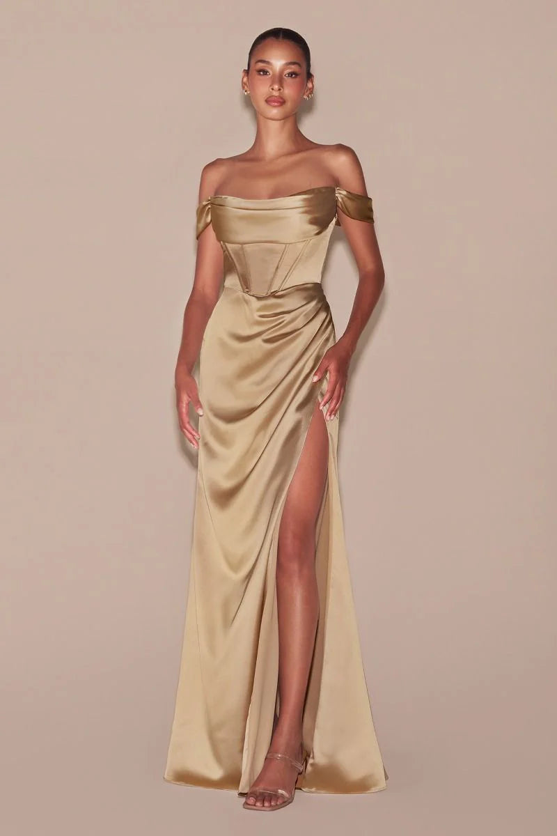 MABEL GOWN OFF THE SHOULDER LUXE SATIN CORSET DRESS