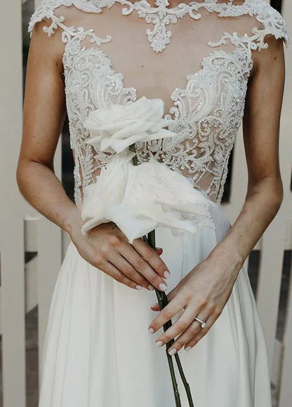 A Line Cap Sleeve Long Backless Wedding Dresses with Appliques