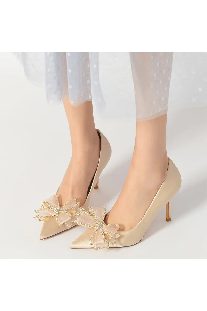 Champagne Pointed Toe Wedding Heels with Bow