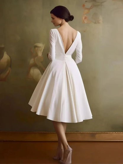 Vintage Sleeved A Line V neck Satin Tea Length Wedding Dress