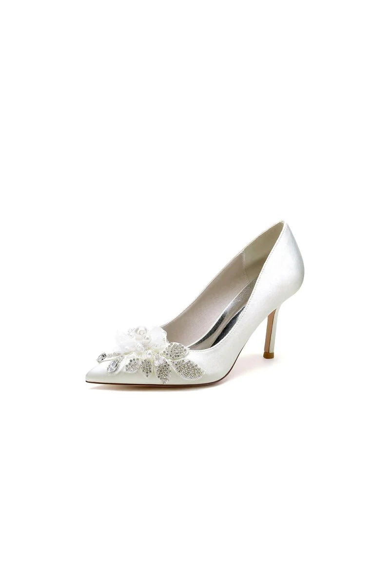 Pointed Toe Satin Bridal Heels with Crystal Flower