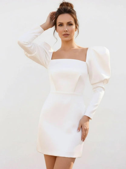 White Satin Short Wedding Dress with Puff Sleeves