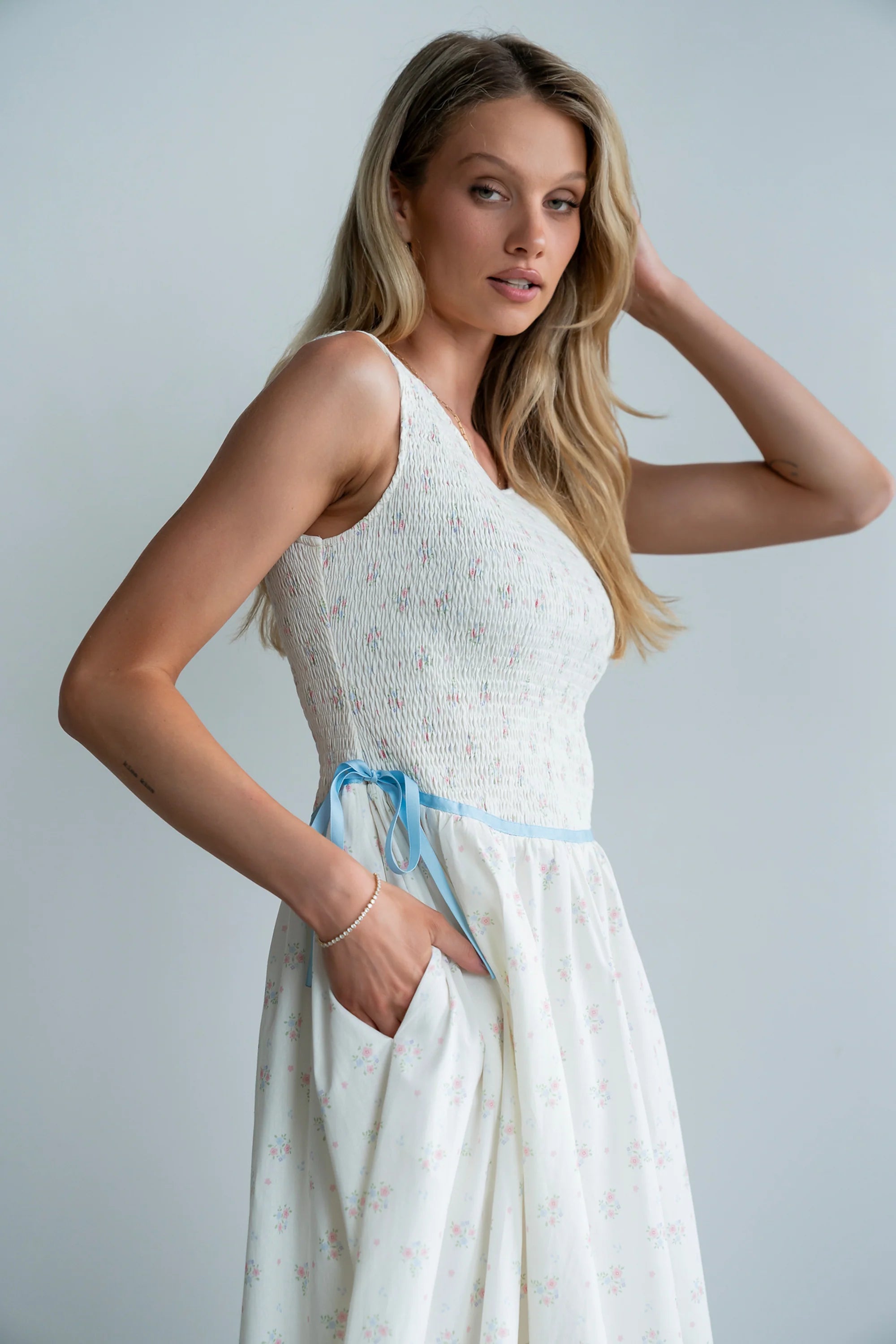Kammie Smocked Midi Dress in Cream
