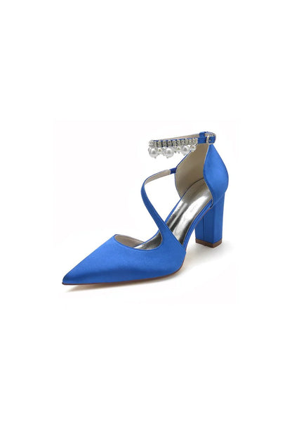 White Satin Heels with Cross Strap Design and Pearl Accented Buckle