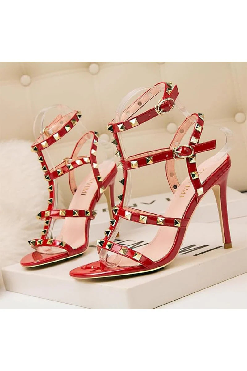 Studded Strappy Leather Open Toe High Heels