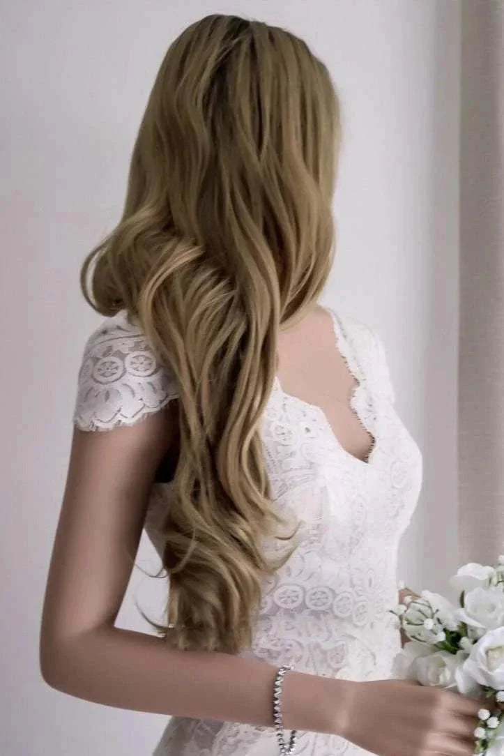 Cap Sleeve Satin Lace Split Mermaid Wedding Dress