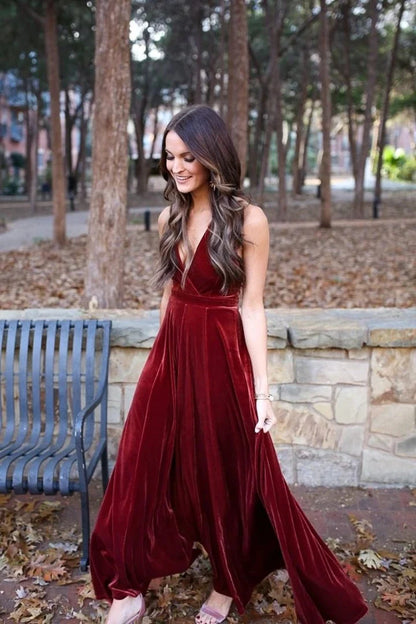 Elegant A Line Halter Backless Burgundy Velvet Long Bridesmaid Dresses Prom Gown