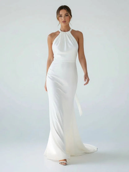 Sheath Satin Backless Halter Wedding Dress