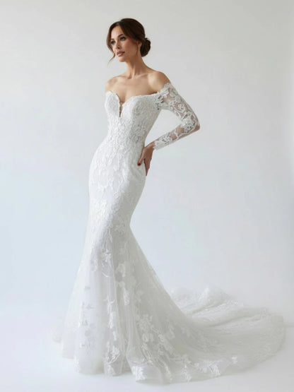 Elegant Mermaid Long Sleeve Off the Shoulder Lace Wedding Dress