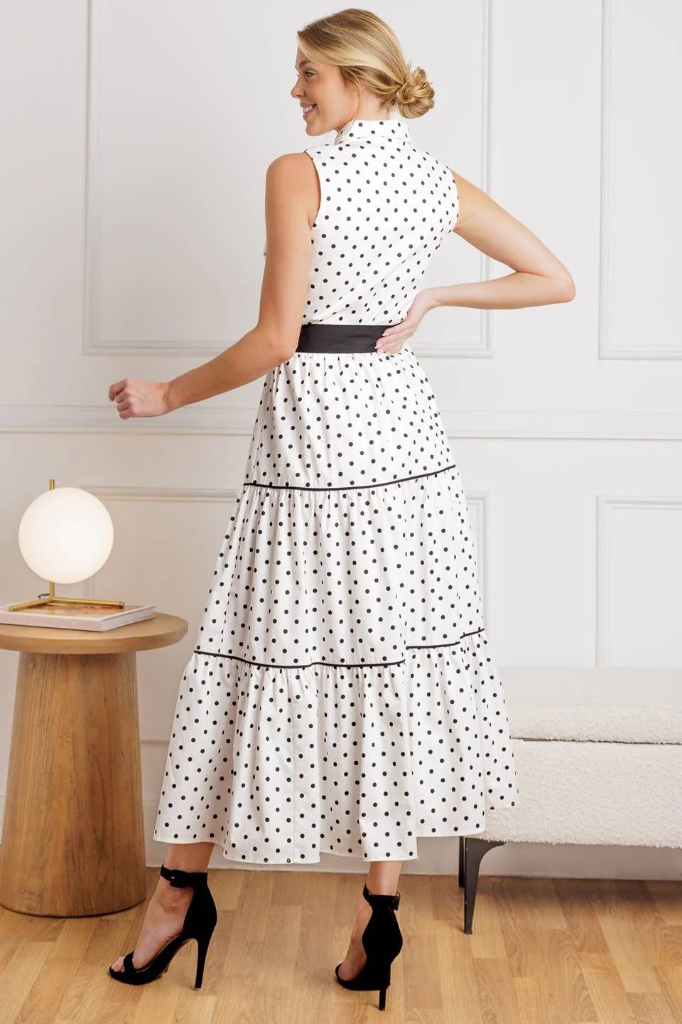 RETRO DOTS WHITE BLACK POLKA DOT MIDI DRESS