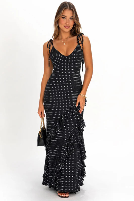 Nevaeh Polka Dot Ruffle Maxi Dress Black