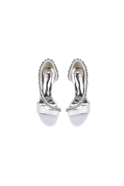 White Satin High Heels with Crystal and Chain Embellishments