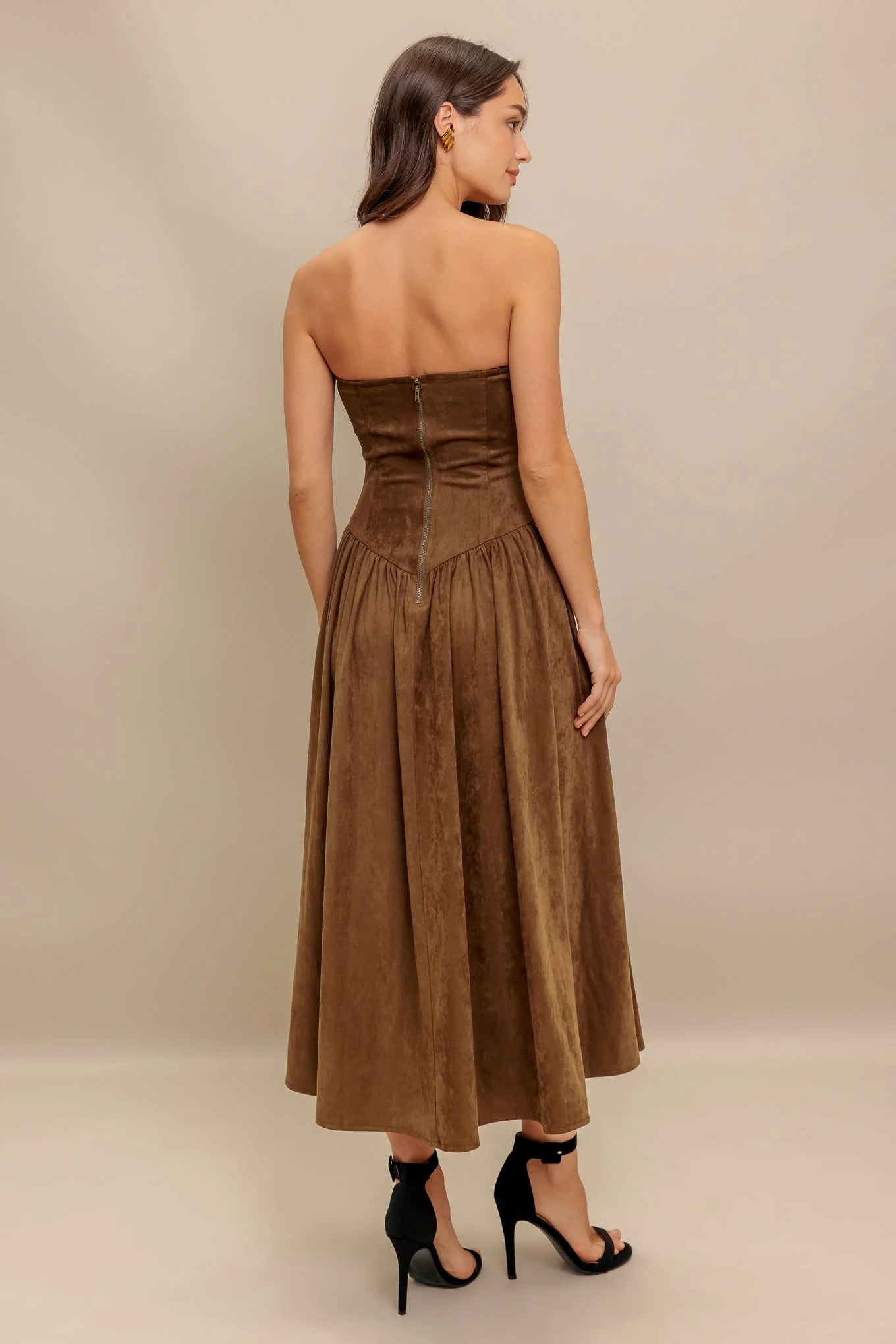 WILD ESPRESSO BROWN FAUX SUEDE MIDI DRESS