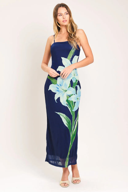 DEEP BLOOM POWER MESH MIDI DRESS