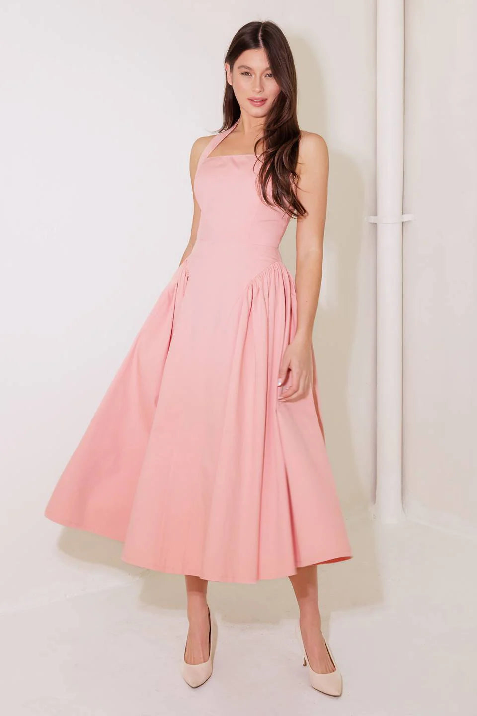 CAUGHT IN THE RAIN HALTER MIDI DRESS SOFT PINK