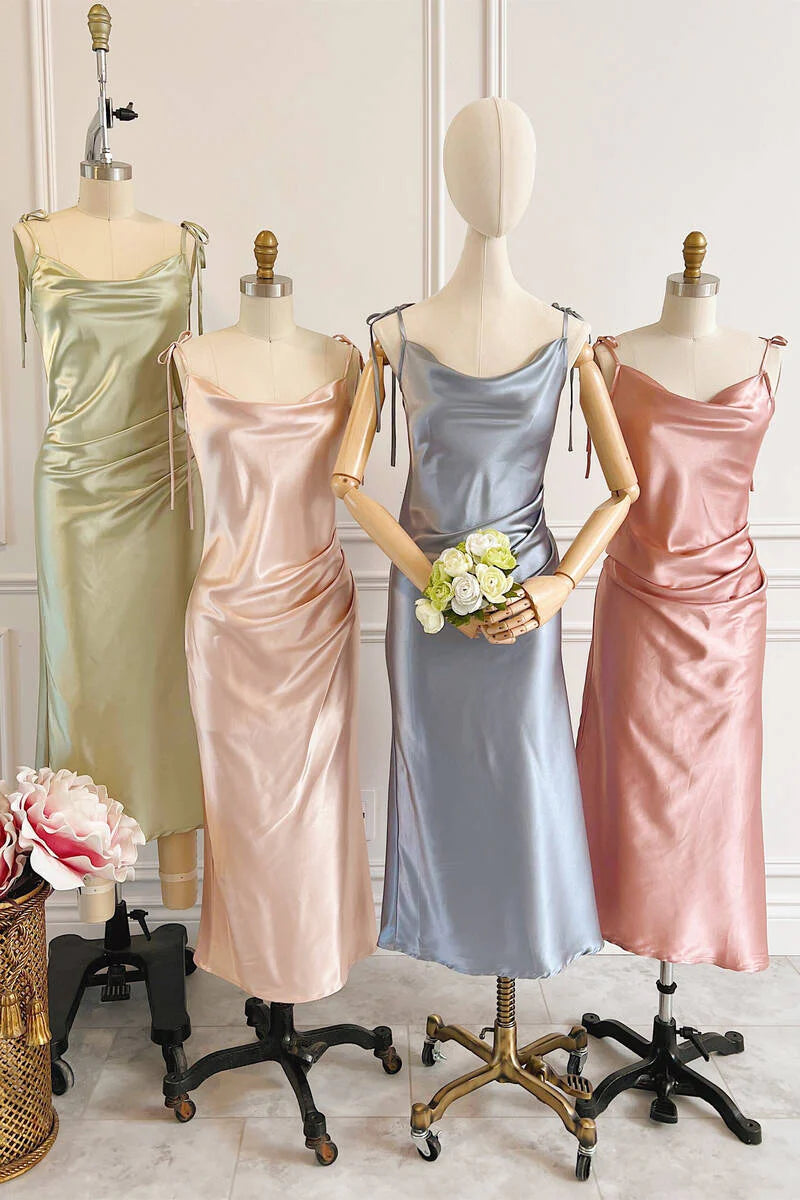 Sheath Champagne Long Bridesmaid Dress With Tie Shoulder