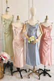 Sheath Champagne Long Bridesmaid Dress With Tie Shoulder