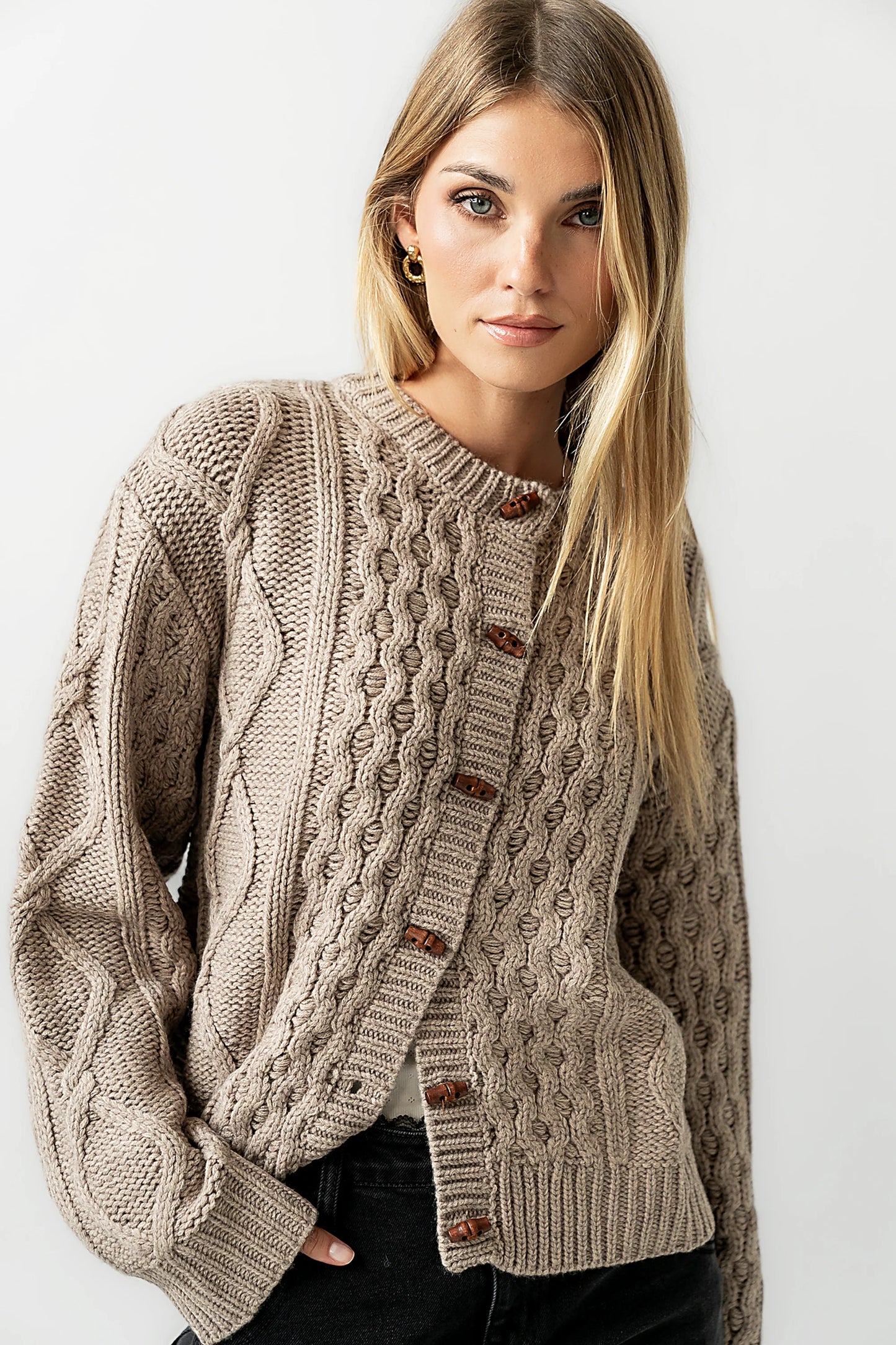 Noah Cable Knit Cardigan in Taupe FINAL SALE