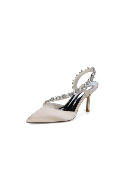 White Satin High Heels with Crystal Embellishments