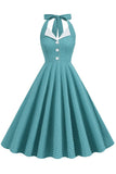 Retro Style Halter Neck Green 1950s Dress with Button