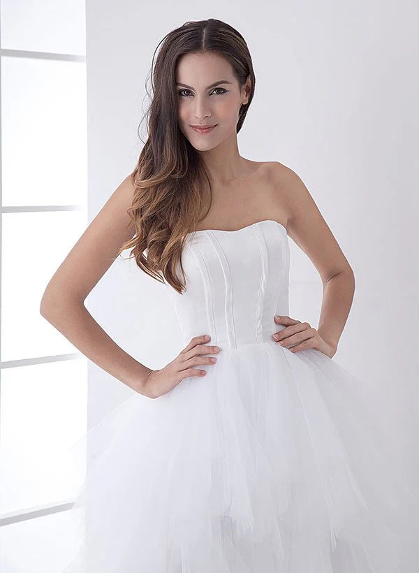 White Classic Strapless Satin High Low Wedding Dress