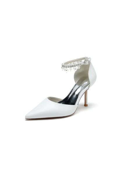 Satin Pointed Toe Pearl Beaded Ankle Strap Simple Wedding Shoes