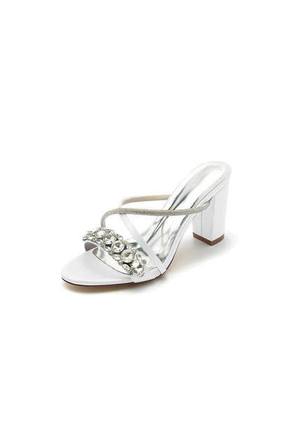Silver Satin High Heels with Crystal and Metal Embellishments