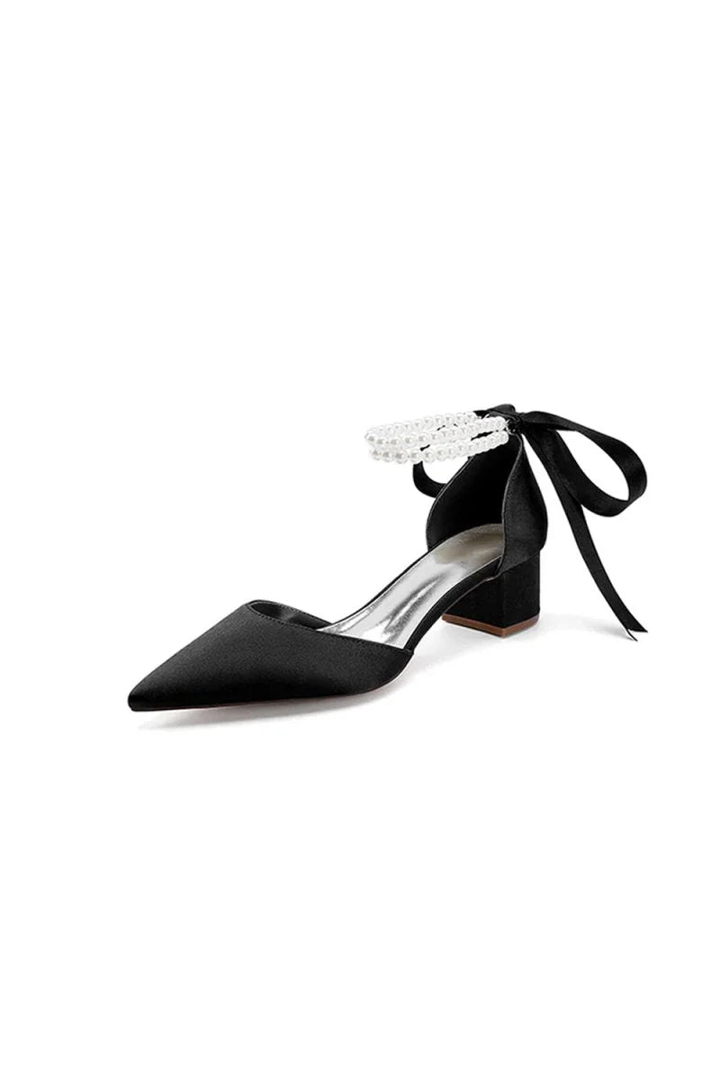 Pointed Toe Double Pearl Ankle Strap Party Shoes With Ribbon Tie