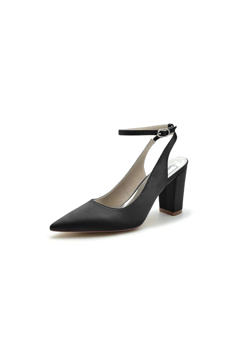 Satin Pointed Toe Ankle Strap Chunky Heels