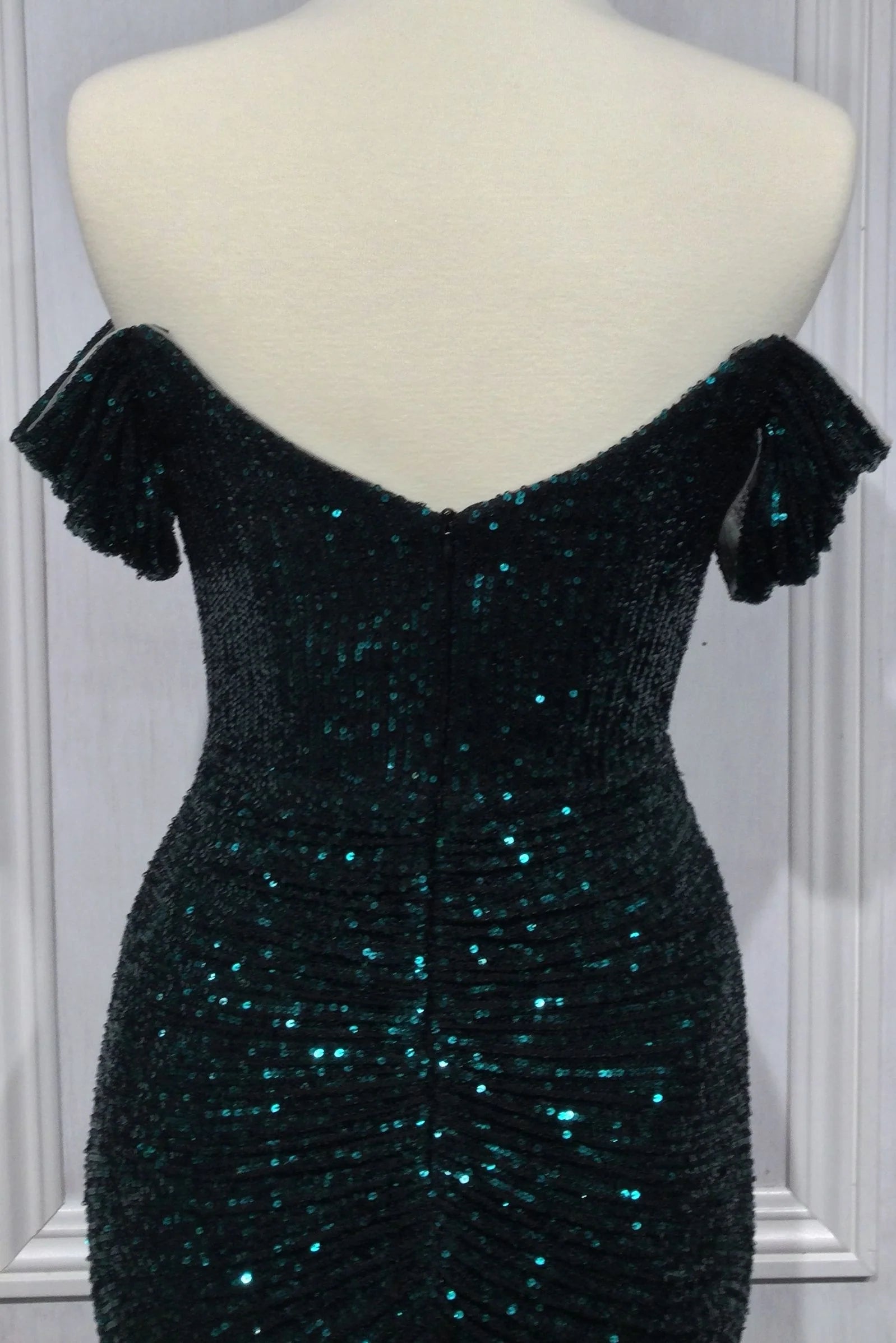 FALLON GOWN OFF THE SHOULDER RUCHED SEQUIN DRESS