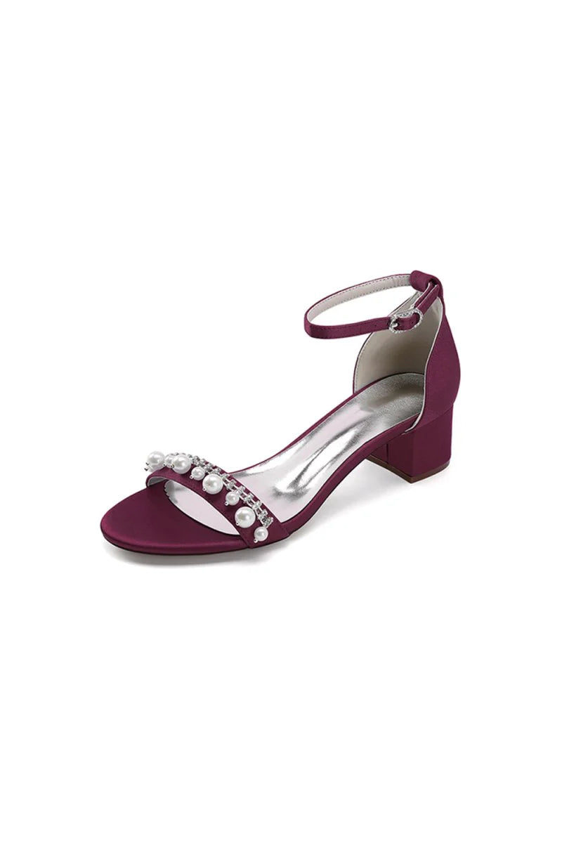 Open Toe Pearl Buckle Strap Chunky Heels