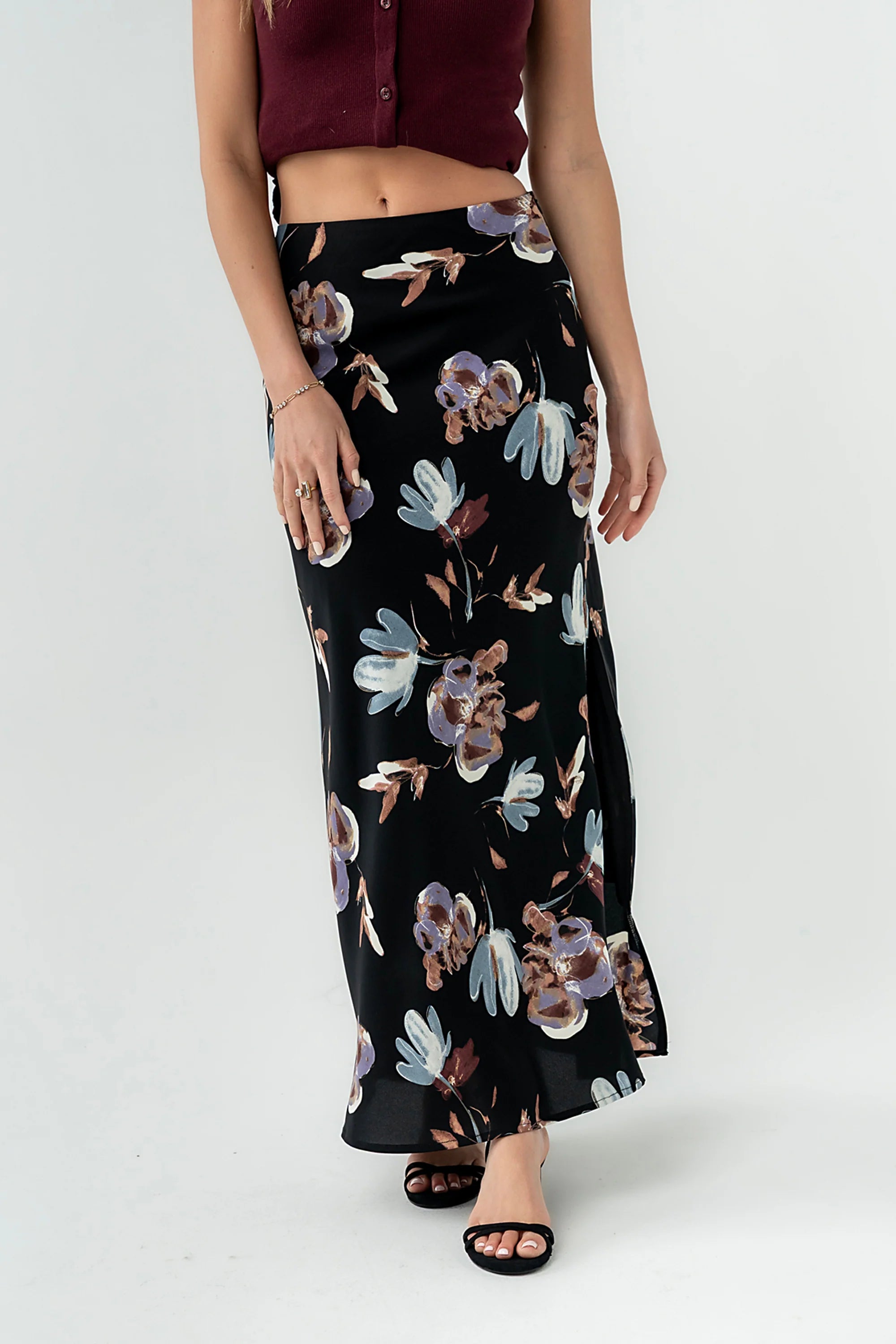 Eden Floral Midi Skirt in Black