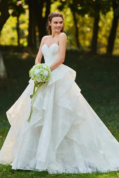 Lace Open Back Sweetheart Cascading Ruffles Sleeveless Bridal Ball Gown